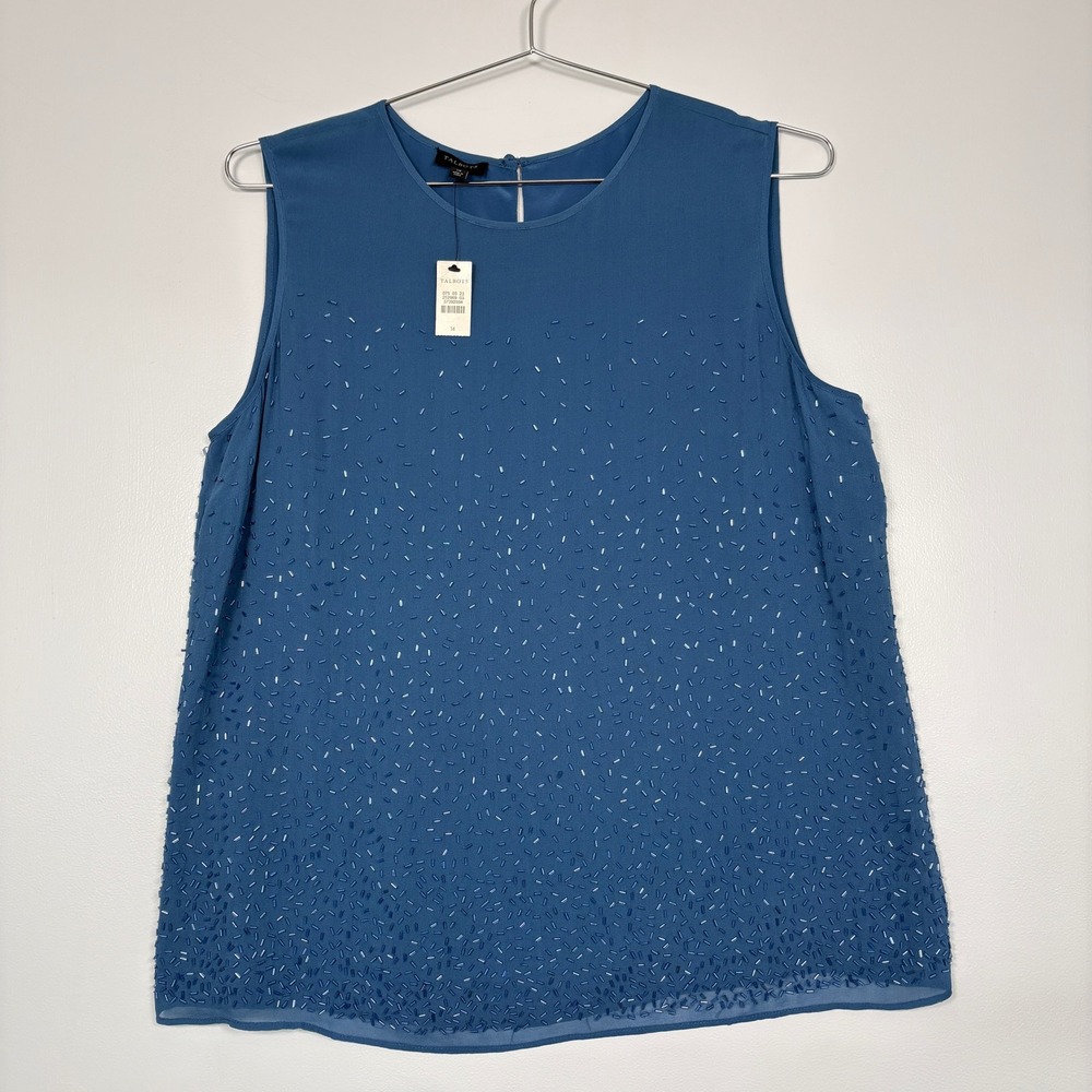 NWT Talbots Women Tank Top 14 Blue Beaded Silk Sleeveless Keyhole Back Shell